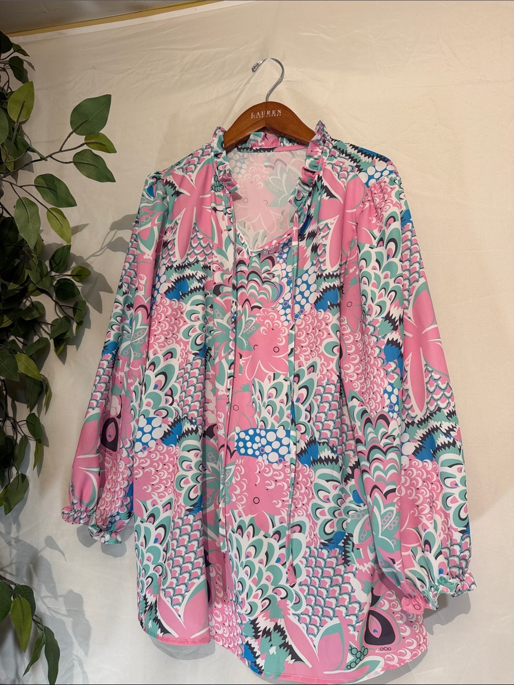 Floral Tie-Neck Blouse in Pink & Mint